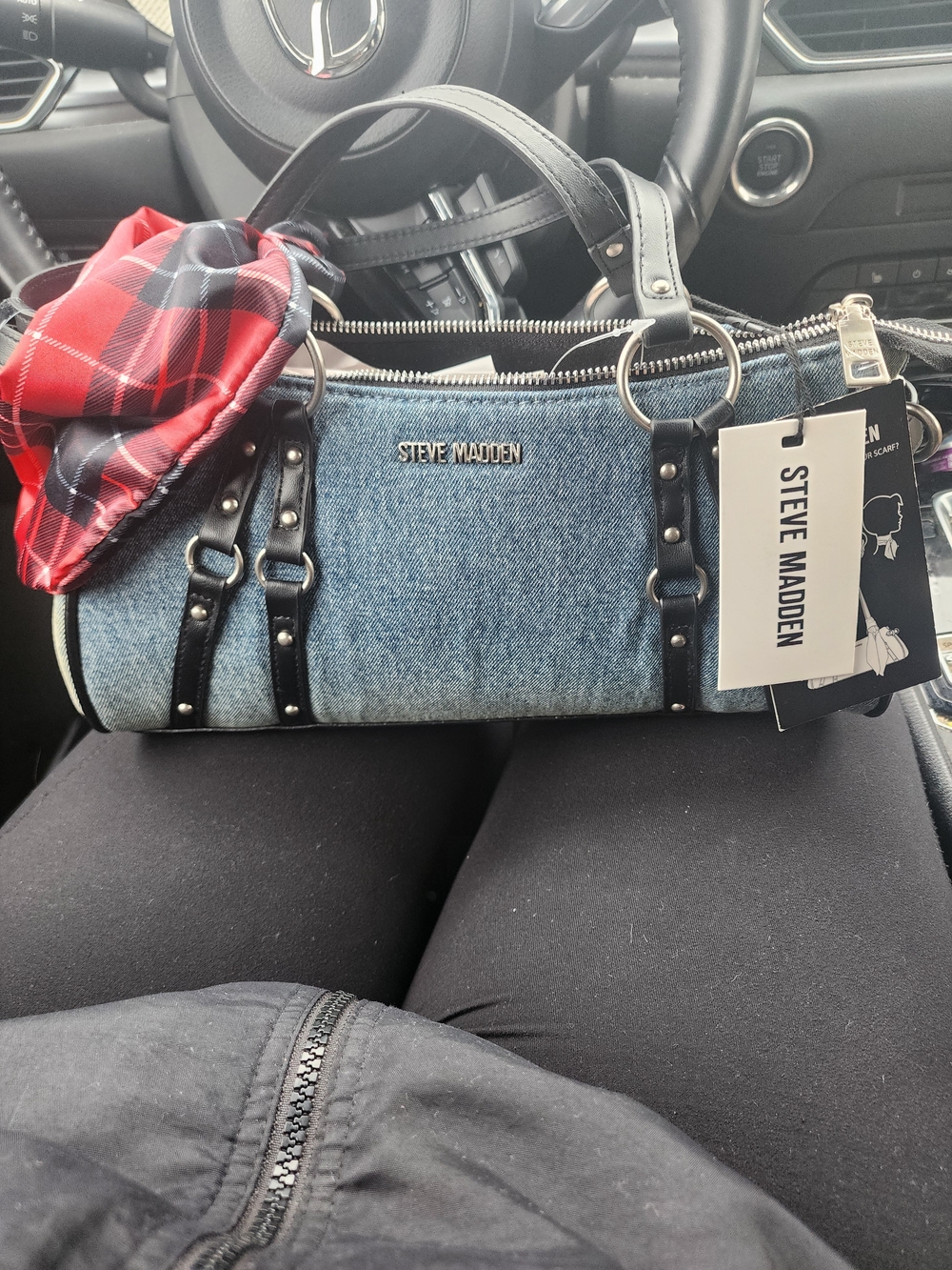 Steve Madden Denim Barrel Bag in Blue with Black Trim